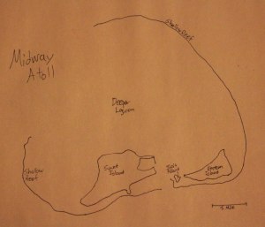 02 A drawn map of the Midway Atoll in the Pacific Ocean with Sand Island Spit Island and Eastern Island Drawn and Photo Credit by Zack Neher