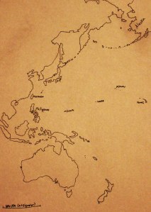 04 A drawn map of the Pacific Ocean and Oceania with Hawaii Wake Island Midway Atoll Guam Philippines Formosa Japan Alaska Australia New Zealand New Guinea China Russia Borneo Aleutian Islands Vietnam Mongolia Drawn and Photo Credit by Zack Neher